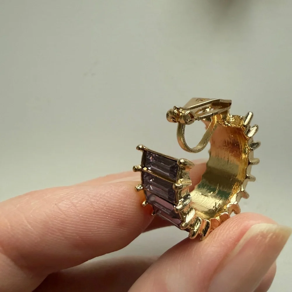 Elegant Gold and Purple Amethyst Hoop Clip On Earrings - Picture 6 of 6